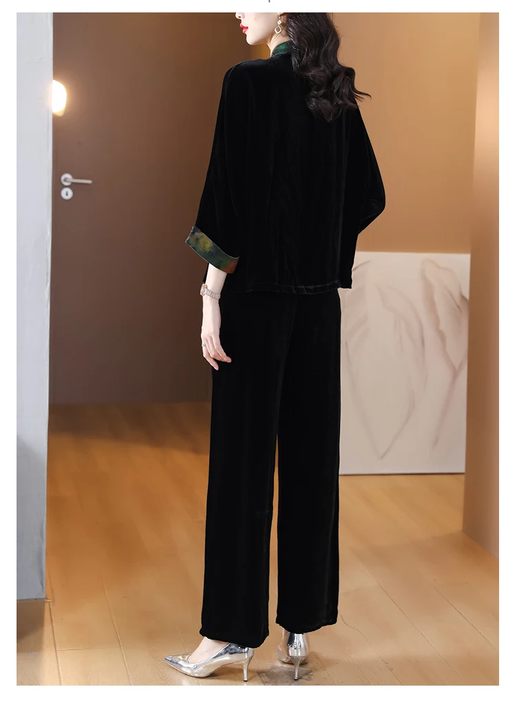 2023 Autumn/Winter Silk Velvet Long Sleeve Top Two Piece Set for Women\'s O-Neck Loose Size Retro Slim Knee Length Pants Set