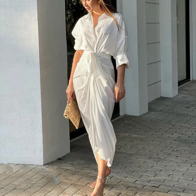 

Bohemia Shirt Print Dress Women Turn-down Collar Sashes Knee-length High Waisted Dress Casual Psrty Dress Oversized Loose Dress