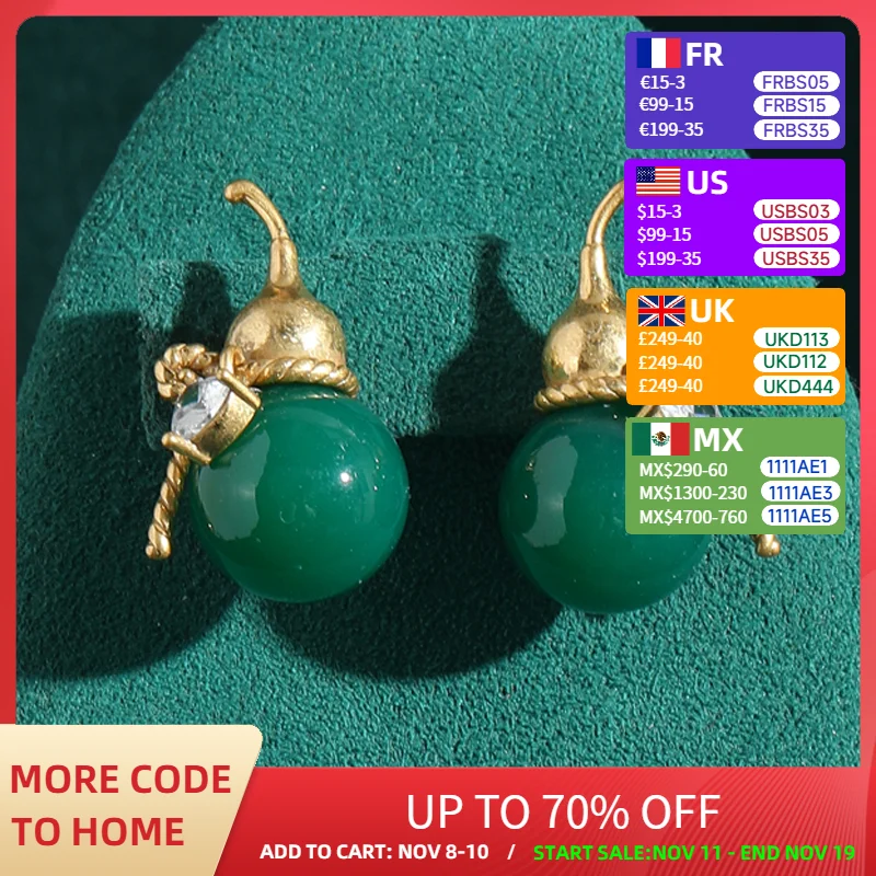 

Vintage Green Earrings Jade Studs Jewelry Chinese Style Luxury Glass Gourd Gold Color Woman Antique Designer Brands High Quality