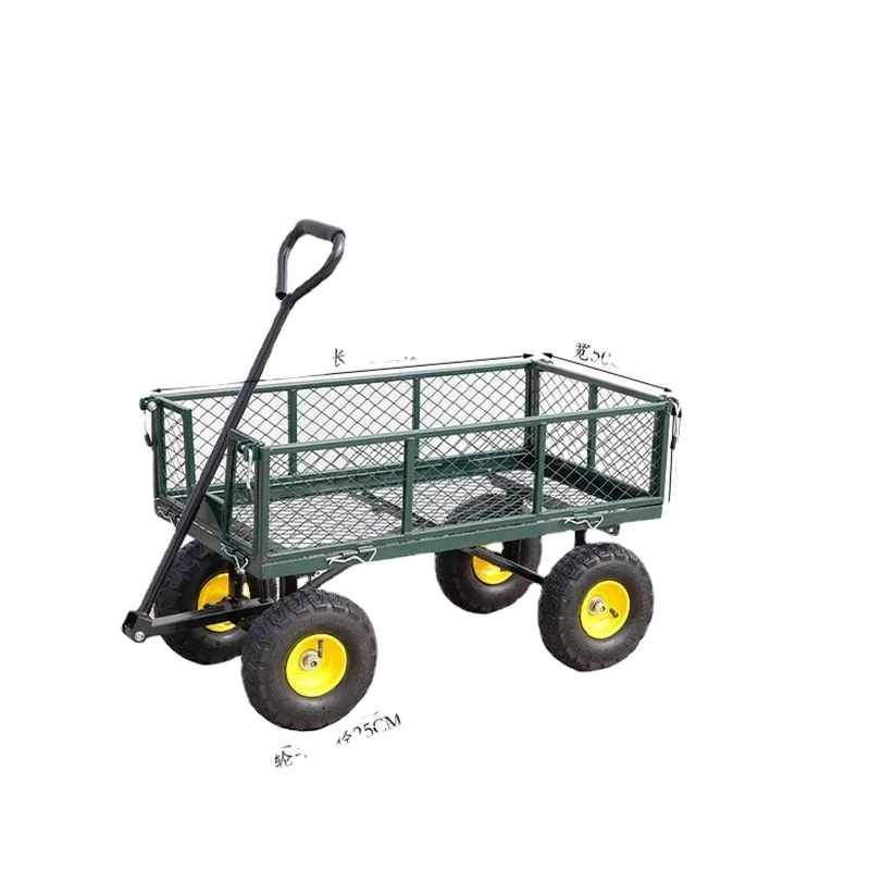 Farm Yard Heavy Duty Steel Garden Cart Removable Mesh Sides Flatbed Foldable Utility Metal Wagon 180° Rotating Handle 10\'\' Tires