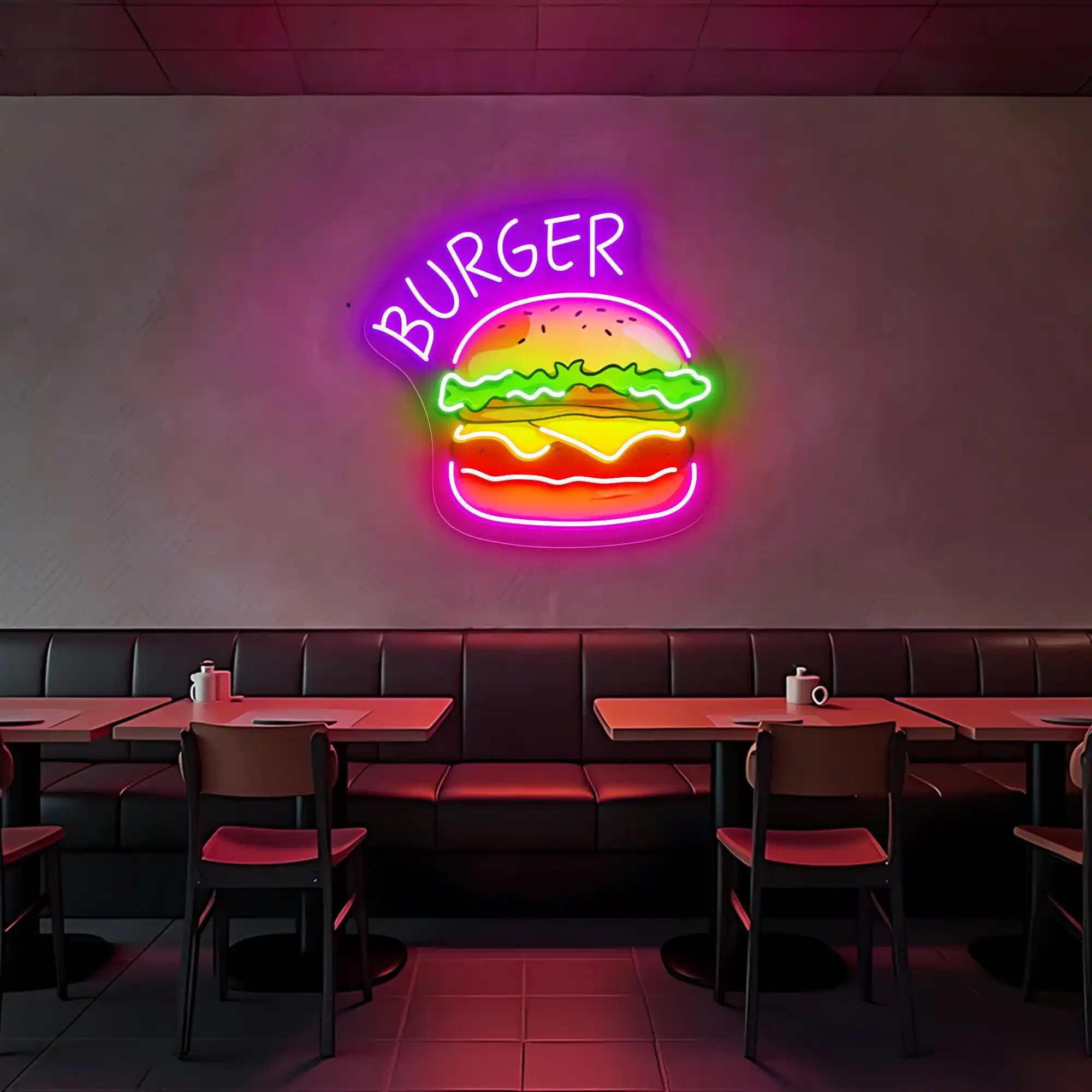برجر النيون علامة همبرغر الوجبات السريعة مطعم جدار ديكور المطبخ علامة الأعمال برغر متجر الجدار شنقا #2