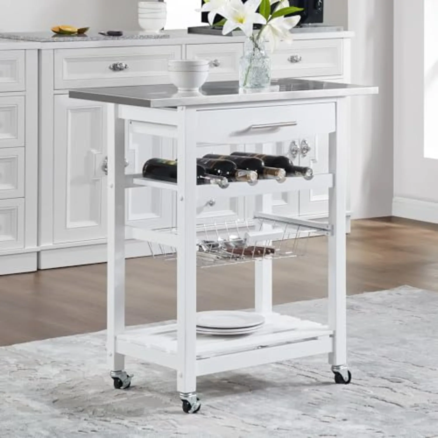 Marble Countertop Kitchen Island Cart with Brake Casters & Storage Drawer - Compact 30