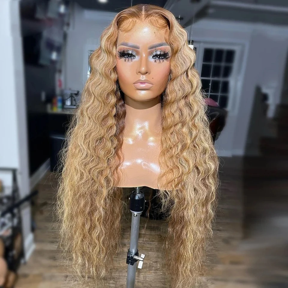 Ombre Honey Blonde Deep Curly 13x4x1 Lace T Part Wigs Transparent Lace Human Hair Wigs For Women Highlights Water Wave On Sale