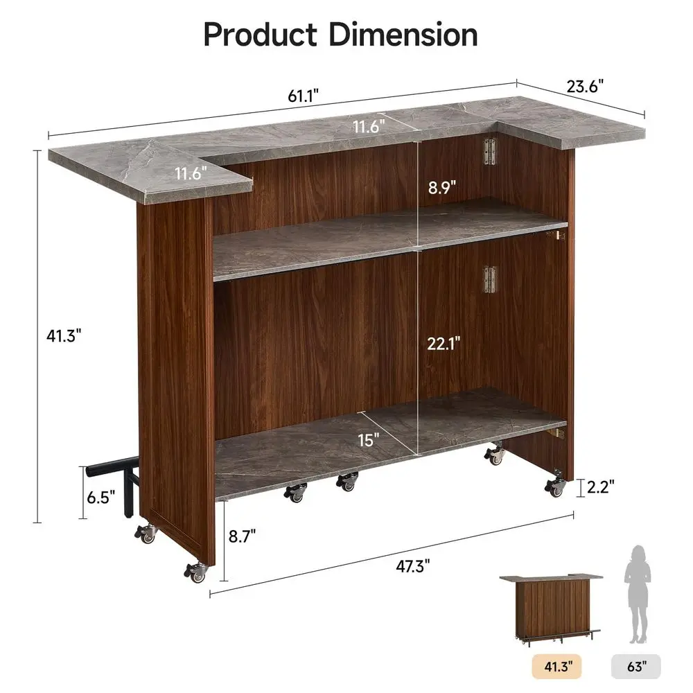 61 Foldable Bar Table, Mobile Party Bar Station on Lockable Wheel