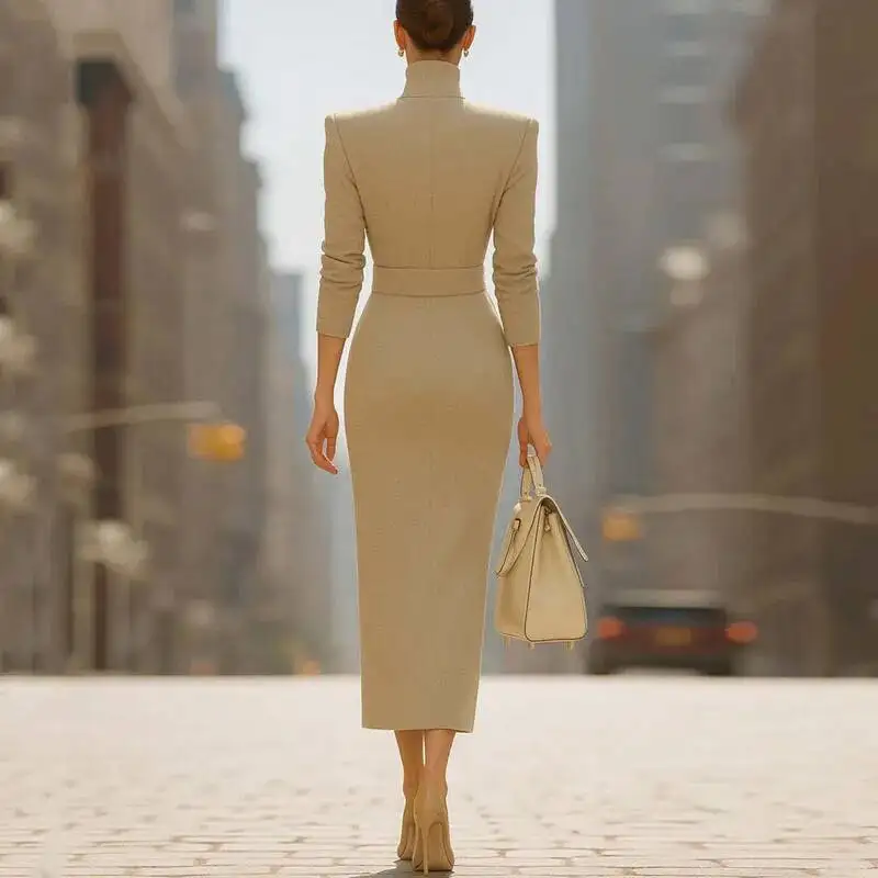 

Elegant Solid Slim Belt V Neck Hip Woman Autumn Winter Long Sleeve Split Office Dresses Sexy Boho High Waist Evening Dress