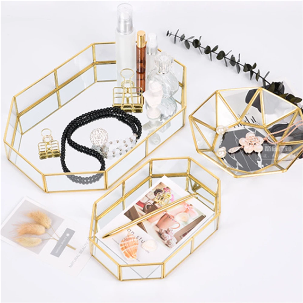 

European Jewelry Storage Tray Glass Metal Cosmetic Storage Fruit Dessert Tray Snack Plate Household Glass Plate Organizer Box