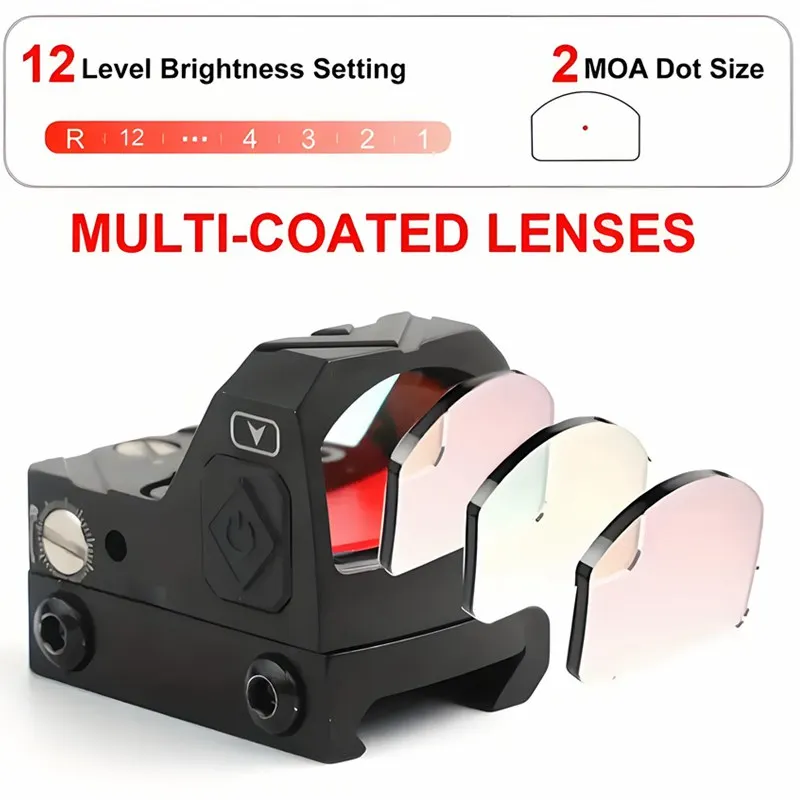 Mini Red Sight Shake Awake Optic Sight للبندقية والمسدسات والمسدسات 2MOA، 12 نطاق تعديل السطوع بنقطة حمراء، #6