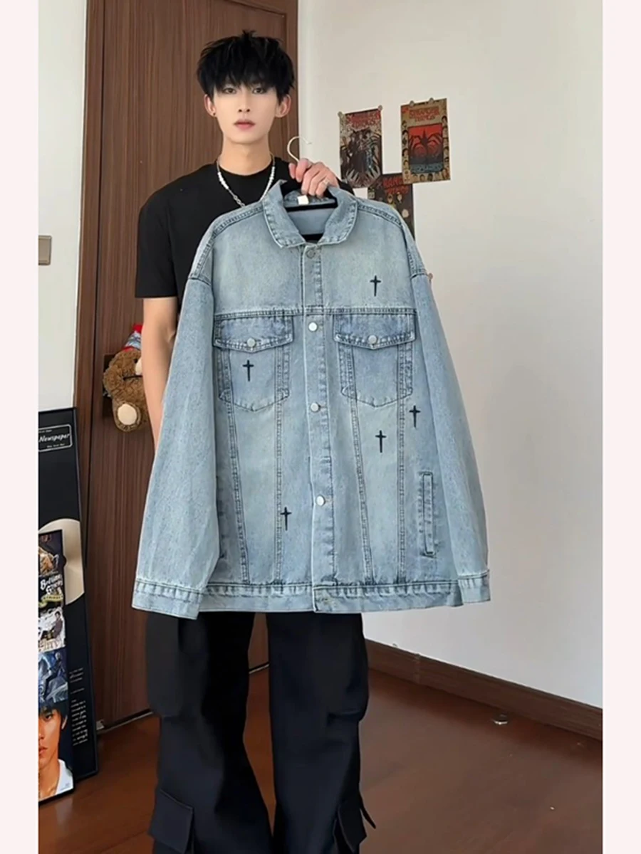 

Blue Embroidered Men's Denim Jaet American High Street Waed Workwear Jaet Spring Autumn Cleanfit Loose Fit Youthful Sle