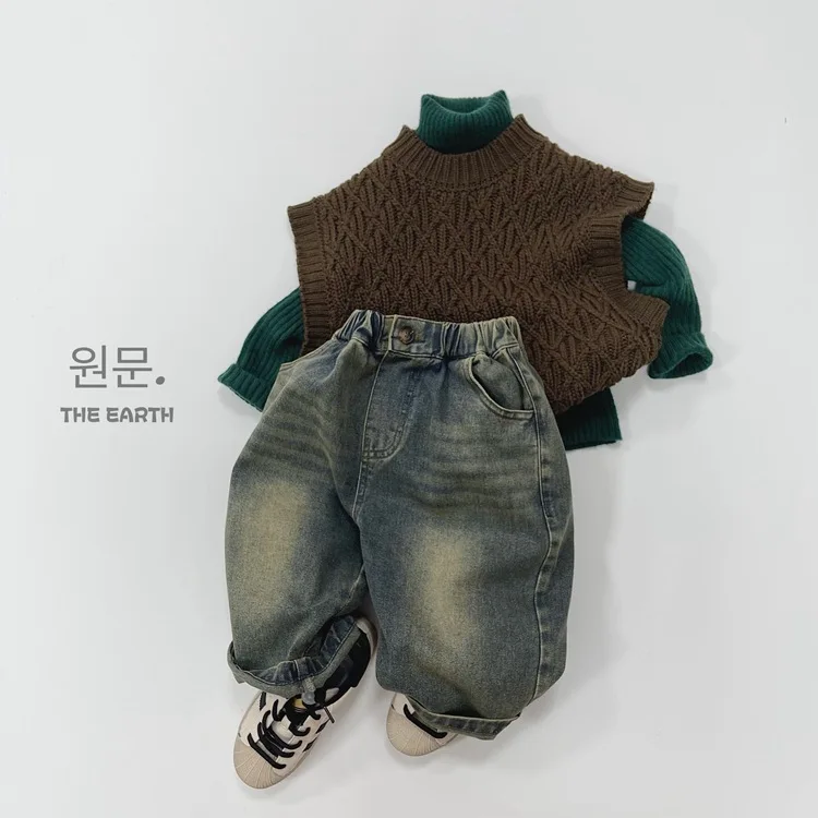 Autumn New Children Denim Trousers Baby Boys Girls Loose Casual Wide Leg Pants Fashion Vintage Straight Jeans Kids Clothes