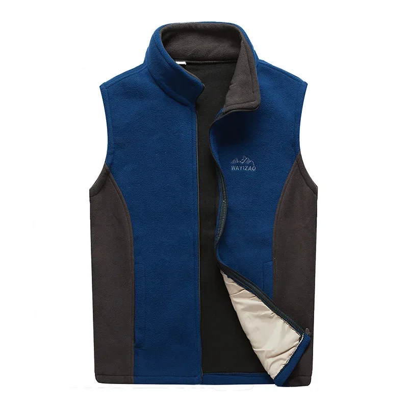 2024 Men's Warm Autumn and Winter Loose Large Double-Sided Velvet Vest Stand Collar Color Matching Casual Polar Fleece Waistcoat