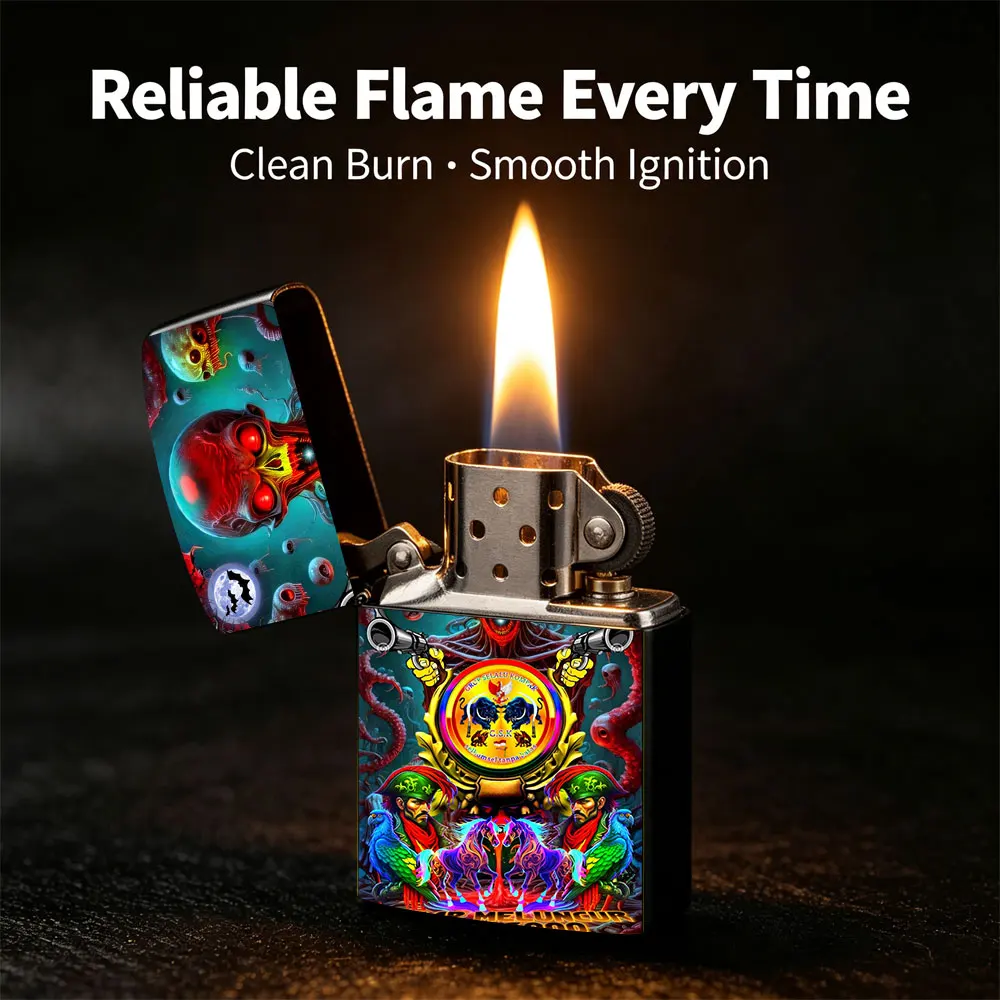 Pocket Lighter, Skeleton Clock & Birds Print Metal Flip-Top Windproof Design, Comfortable Grip, Portable Durable - 150Char