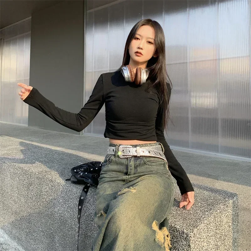 Y2K حزام Y2K للسيدات ذو طباعة متينة مرصع بحجر الراين بالكامل من جلد البولي يوريثان وحزام خصر لامع قابل للتعديل لحفلات النادي