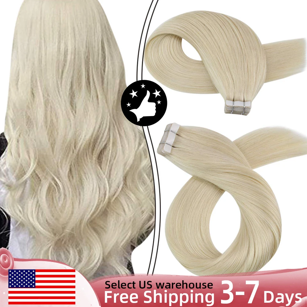 Moresoo Tape in Human Hair Extensions Real Natural Silky Striaght Brazilian Platinum Blonde #60 Hair Tape Adhesive Extensions