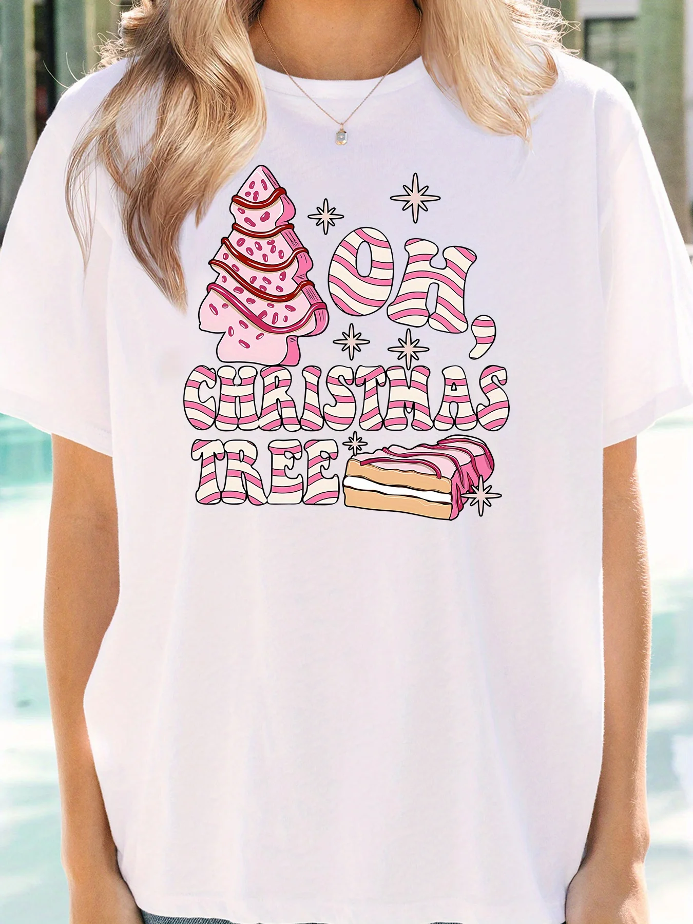 Women's Festive Christmas Tree & Dessert Print T-Shirt - Casual Crew Neck, Short Sleeve Top for Casual Attire