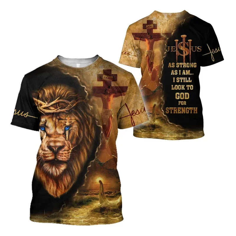 Jesus Cross Lion 3D Printed T-shirt Crusader Templar Men's Fashion Crew Neck Short Sleeve Handsome Personality Casual Daily Top