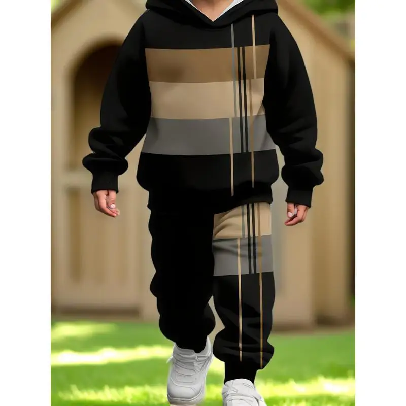 Boys 2 Piece Set Color Block Striped Hoodie And Customized Children's Clothing Processing And Customization