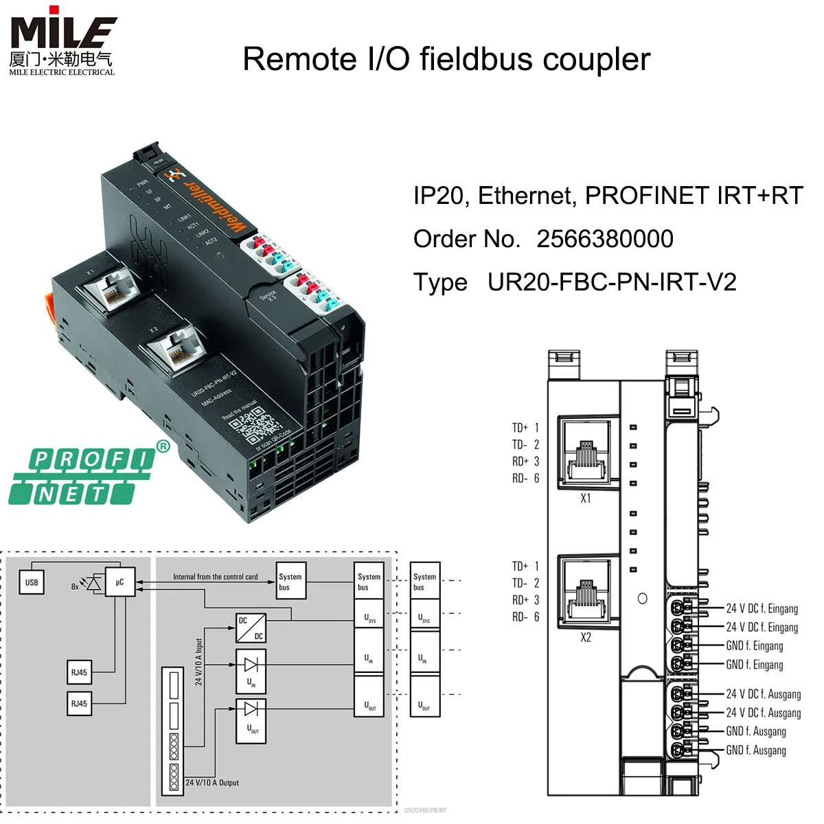 Weidmuller 2566380000_UR20-FBC-PN-IRT-V2 Chinese Supplier Customized Io System Modules Wholesale Ip67 Remote I/O Module