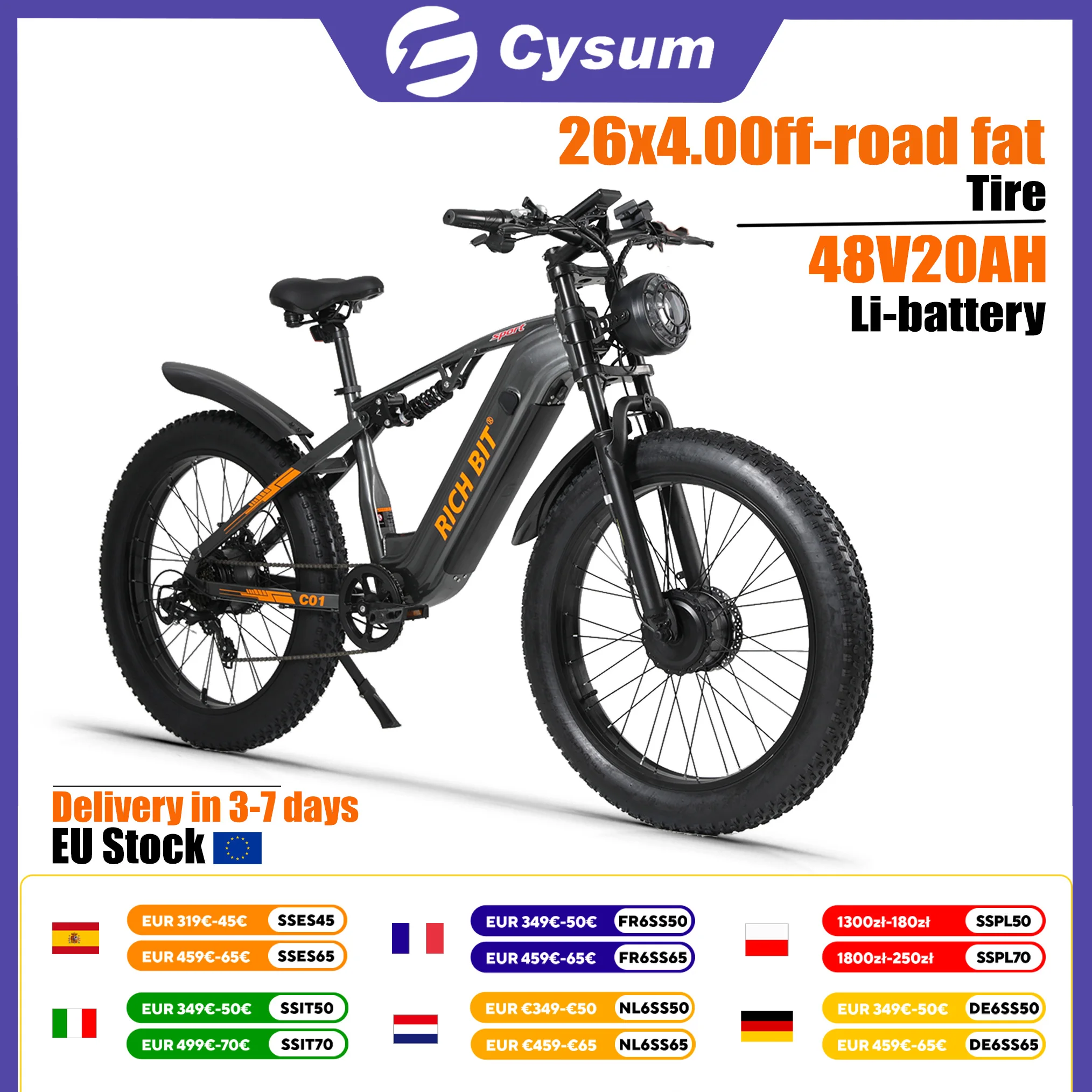 Vélo électrique tout-terrain C01, vélo de montagne électrique 26 pouces, double moteur, puissance de pointe 3000W, batterie lithium amovible 48V 20Ah, double suspension, vitesse maximale 60-63 km/h