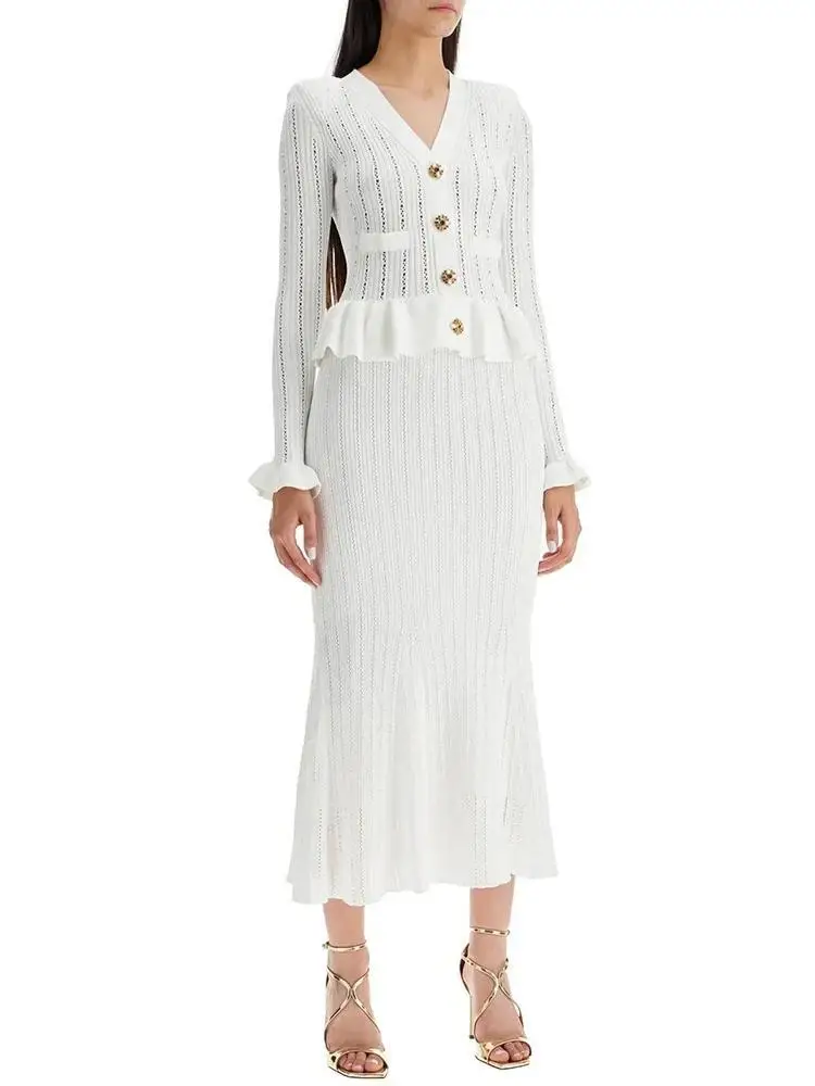 2024 New Autumn Winter Women\'s Knitted Two Piece Set V Neck Long Sleeve Sweater Cardigan + High Waist Elegant Mermaid Skirt Sets