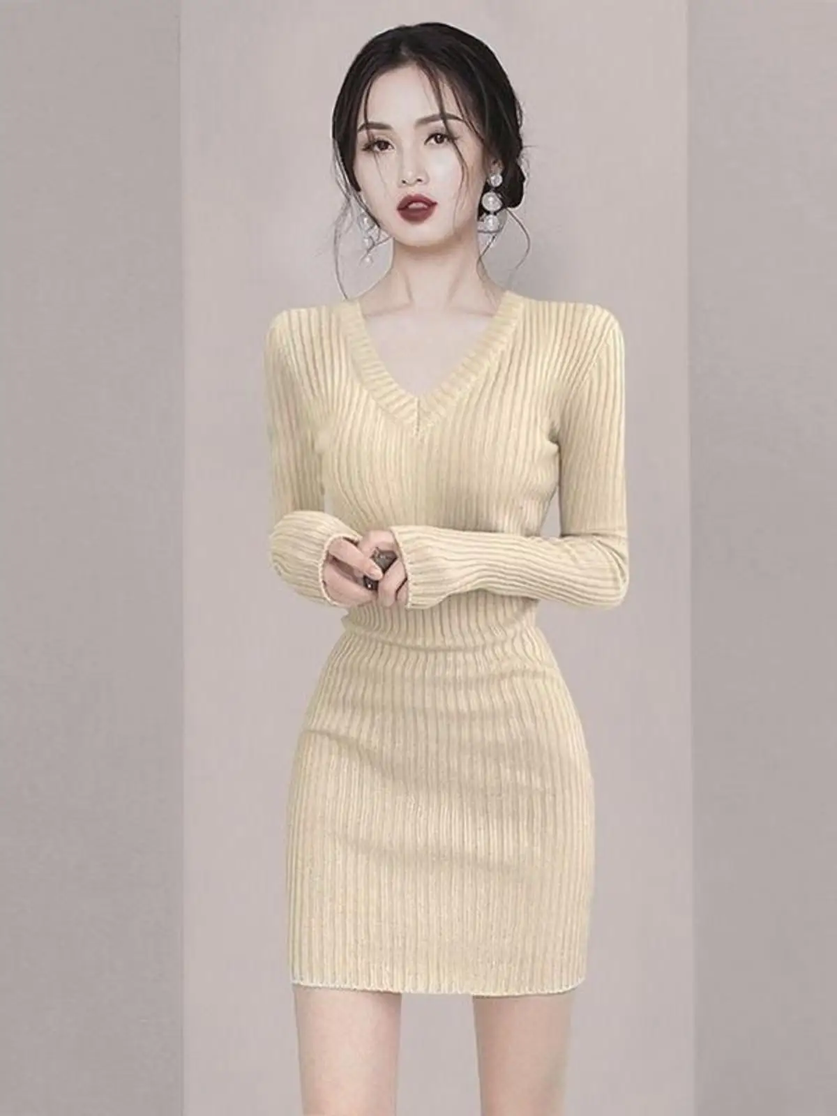 

Сексуальное трикотажное платье, женская облегающая юбка с v-образным вырезом, эластичная весенняя внутренняя одежда, облегающая горячая девушка, Pure Desire Faion Dr