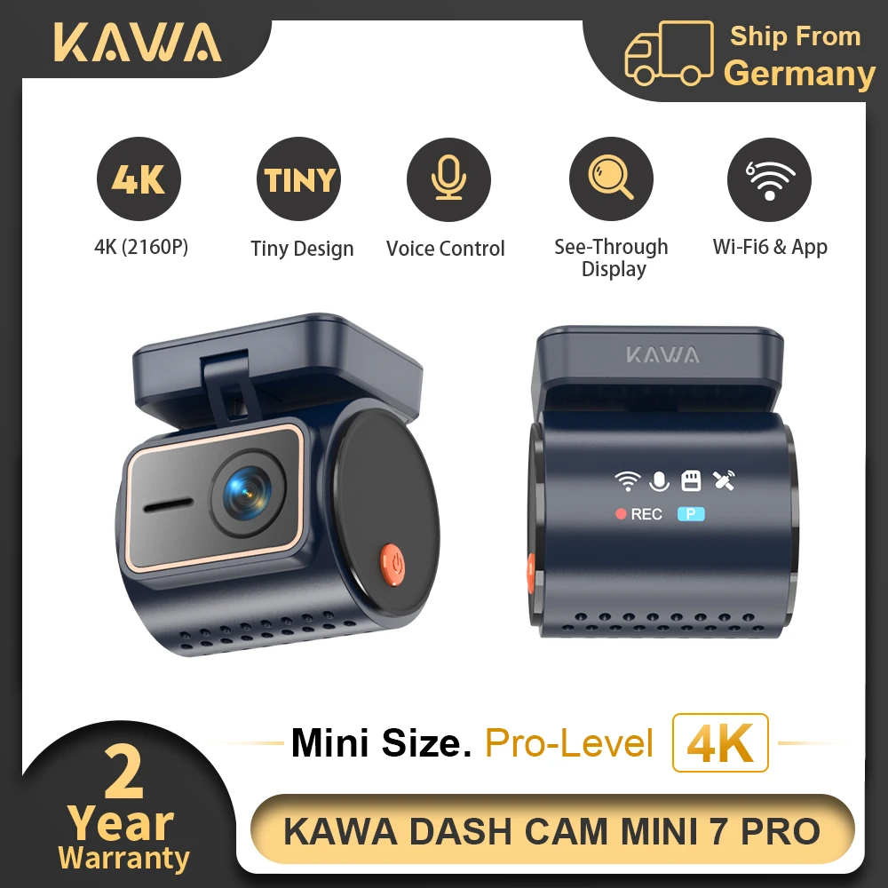 KAWA Dashcam MINI 7 Pro 4K mit transparentem Display, Sprachsteuerung, Superkondensator, Loop-Aufnahme, HDR, 24/7 Parküberwachung, WiFi6, GPS, Spiegelungsfunktion