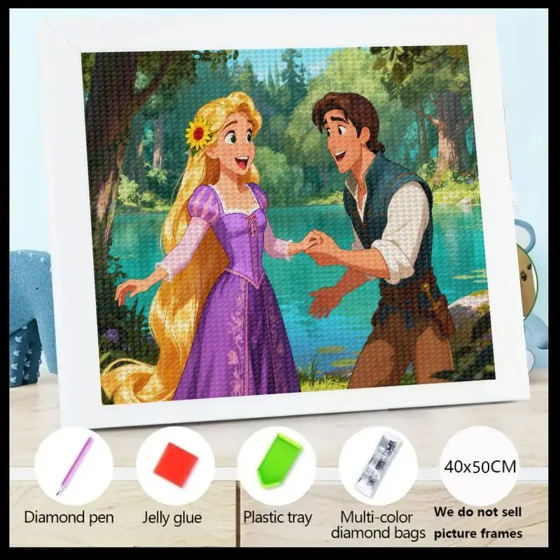 

5D DIY Full Drill Diamond Painting Kit, Rapunzel & Flynn Rider Princess Prince Fairy Tale Cartoon Diamond Art, Romantic Love Sto