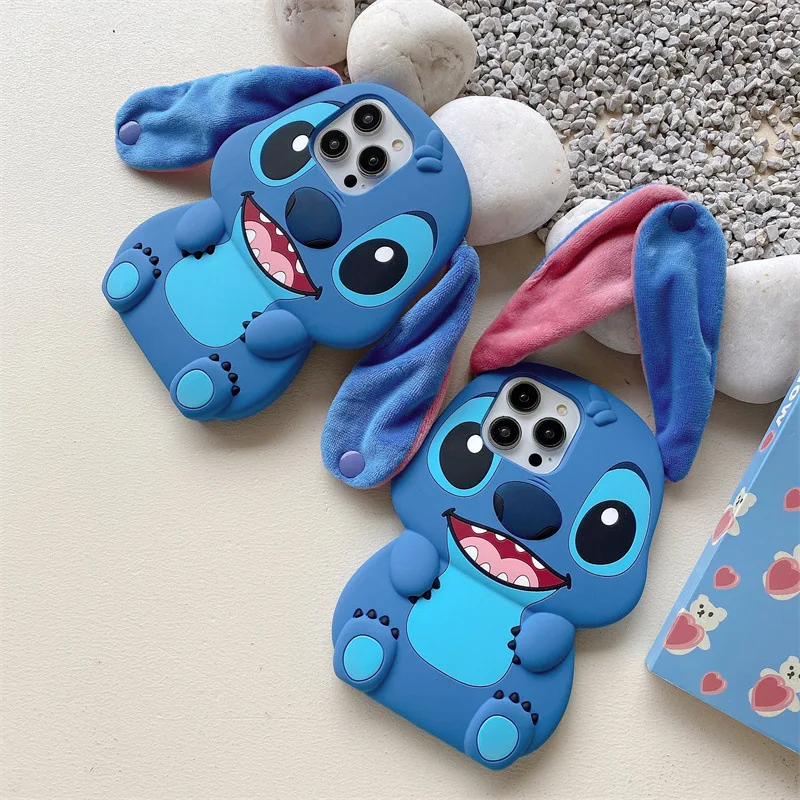 Para iPhone 16 15 14 Plus 13 Pro Max 12 11 Kawaii Sit Stitch correa de botón de oreja grande funda de teléfono suave de silicona de dibujos animados lindos