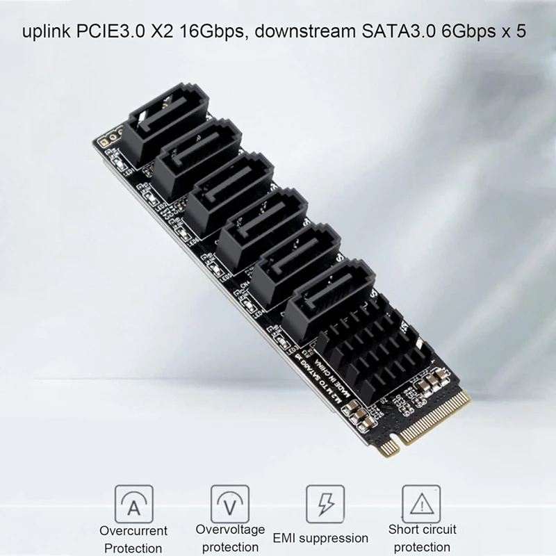 M.2 To SATA3.0 Adapter Card, PCB 6Gbps High Speed ASM1166 M.2 PCIE To SATA Expansion Card Support 6 SATA Devices