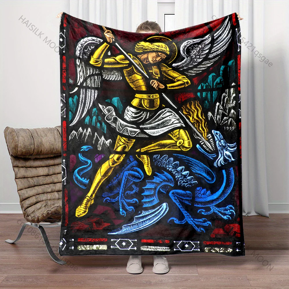 1PC Angel defeating blue dragon print blanket Prayer blankets for believers suitable for home sofa camping travel car