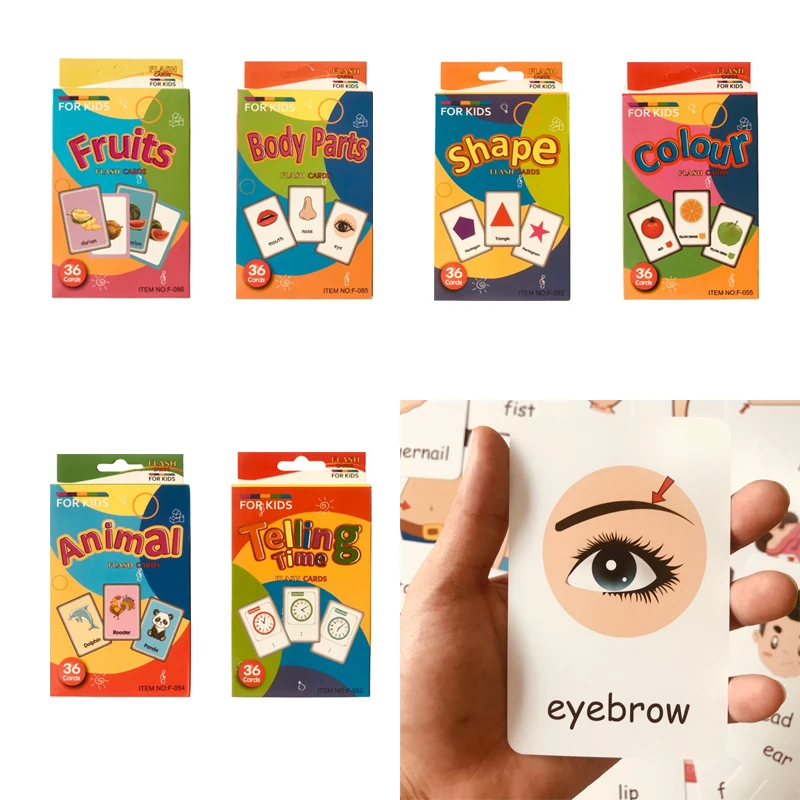 36Pcs 어린이 인식 카드 모양 동물 색상 교육 아기 영어 학습 단어 카드 교육 장난감 그림 패턴 가족 선물