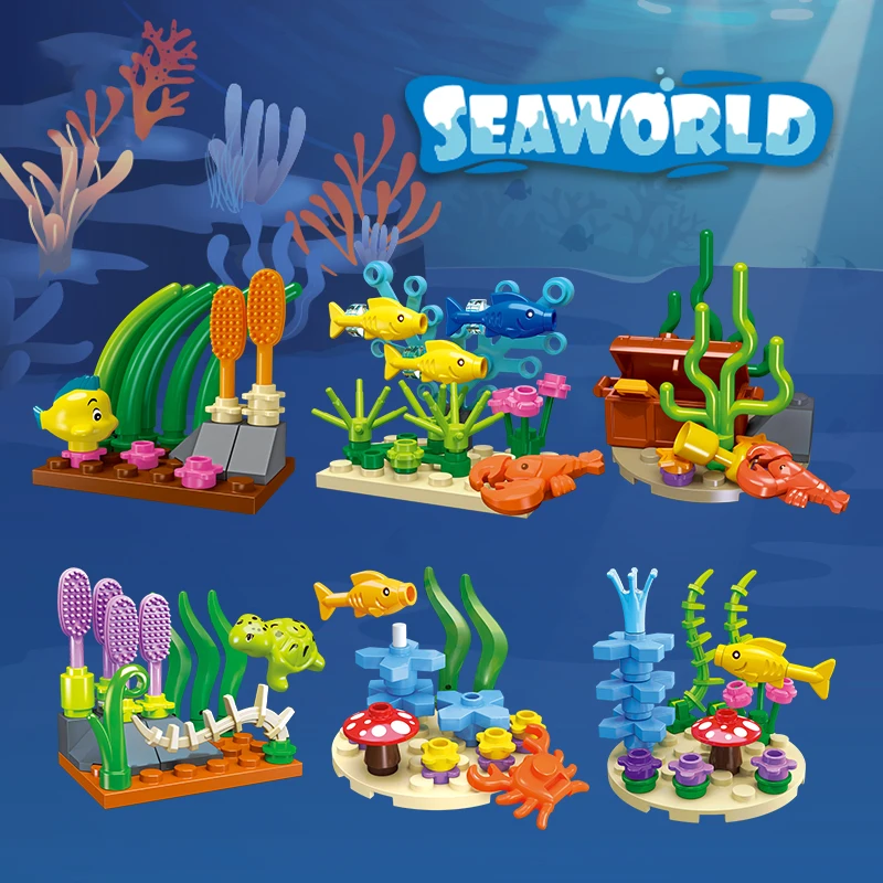 Ocean Series Building Blocks Clown Fish Lobster Turtle Seaweed Underwater World Model Bricks Children DIY Toys Holiday Gifts