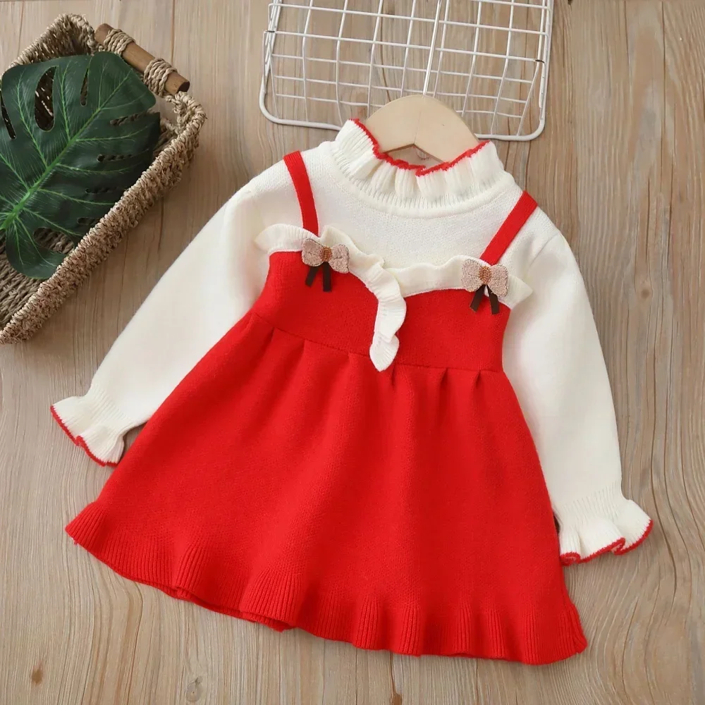 Bear Leader Autumn Winter Cute Birthday Party Girls Clothes Bow Ruffle Hem Fake 2 Piece Sweater Dress Kids Dresses for Girls