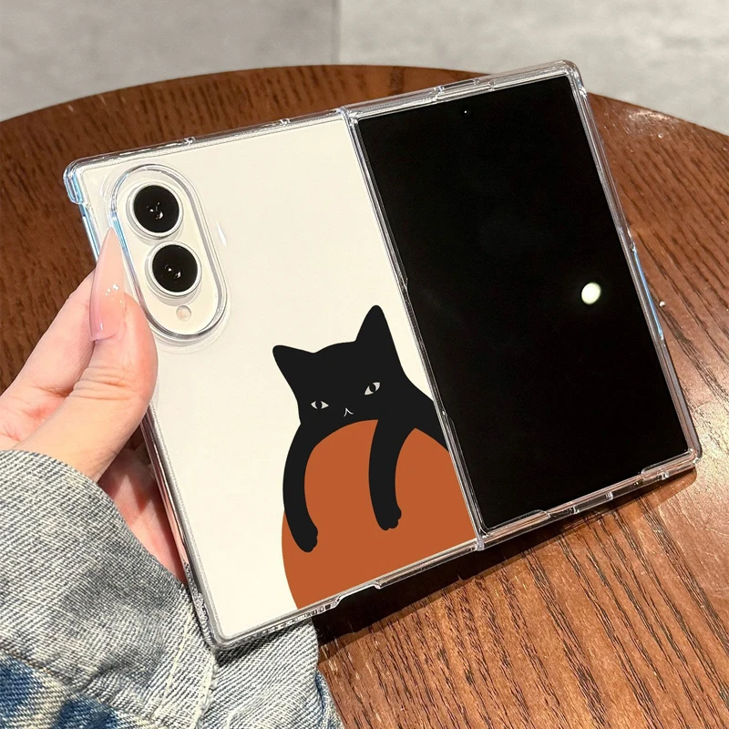 Minimalist Black Cat Print Case For Samsung Galaxy Z Fold 8 Clear Hard Shockproof Anti-drop Cute Cartoon Animal Foldable Case