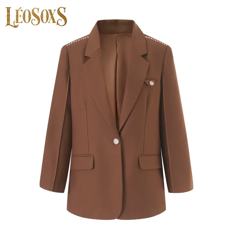 

LEOSOXS Women's Loose Blazer Jacket Fashion Lapel Long Sleeve Single Button Suit Coat With Number Decor For Office Daily Wear