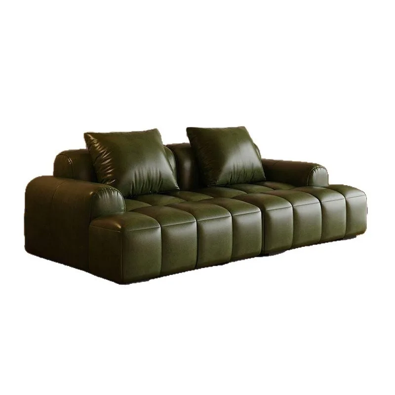 Cat scratch oil wax leather puff sofa, living room household small apartment straight row American square sofa