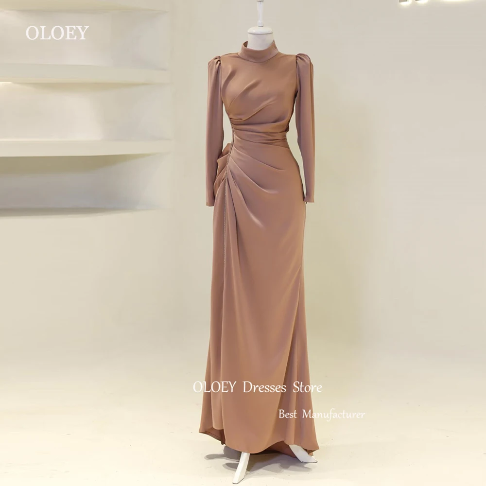 

OLOEY Modest Arabic Women Evening Dresses Long Sleeves High Neck Silk Satin Pleats Formal Occasion Prom Dress Party Gowns