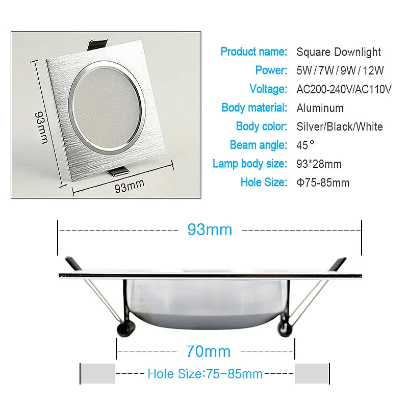 Square Embedded Downlight 5W 7W 9W 12W LED Ceiling Grid Lamp Spotlight AC220V AC110V Indoor Lighting Black White Silve