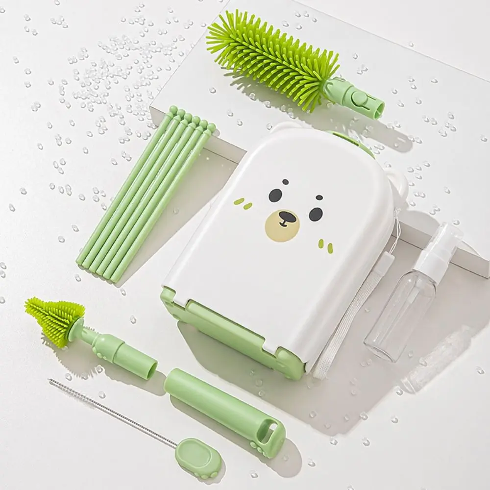 

6-in-1 Baby Bottle Brush Set Built-in Drain Rack Drying Rack Bottle Cleaner Brush Space Saving Portable