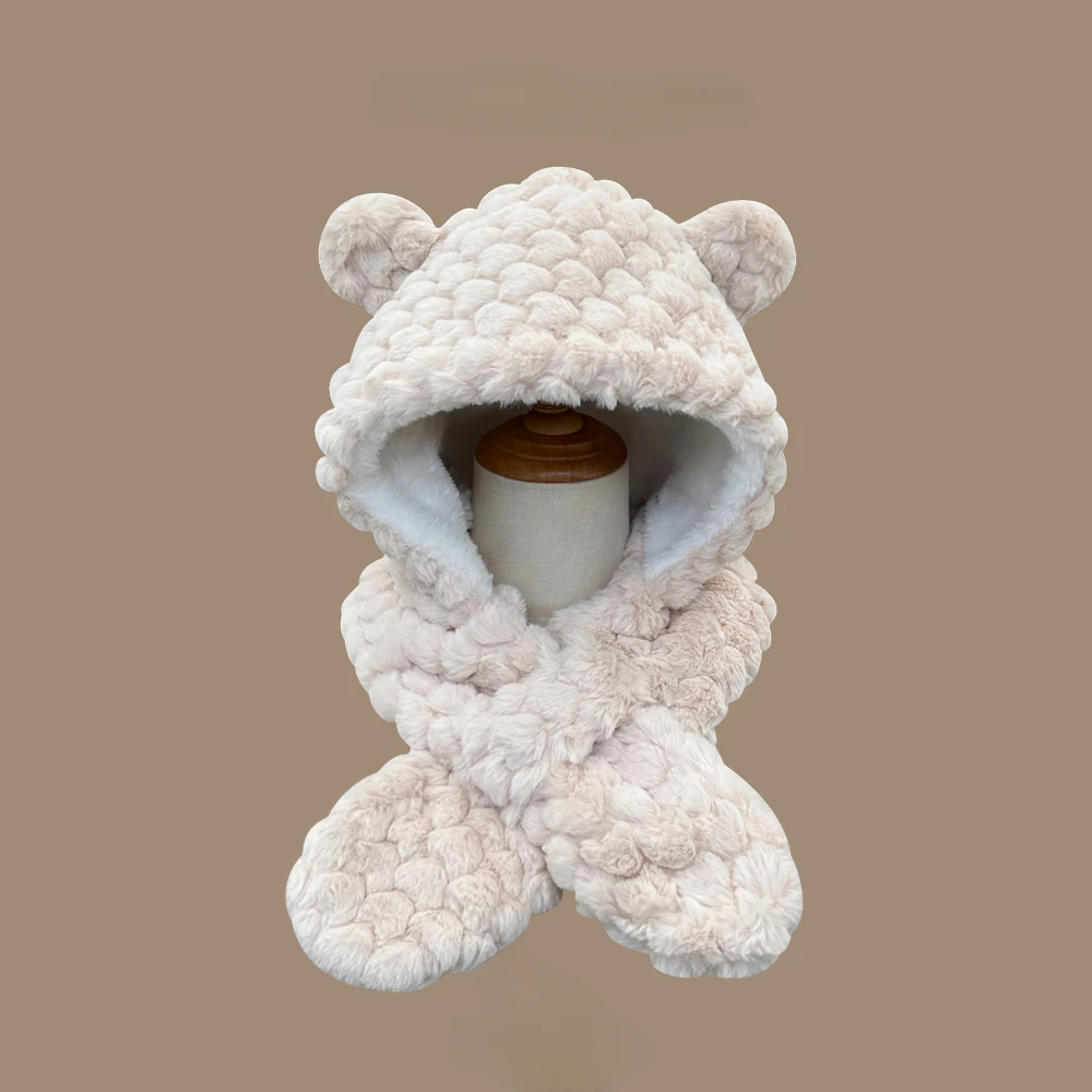 Cute Plush Bear Ear Hat New Scarf One Two-piece Set Women's Winter Fashion Everything Plus Velvet Thickened Warm Everything Neck