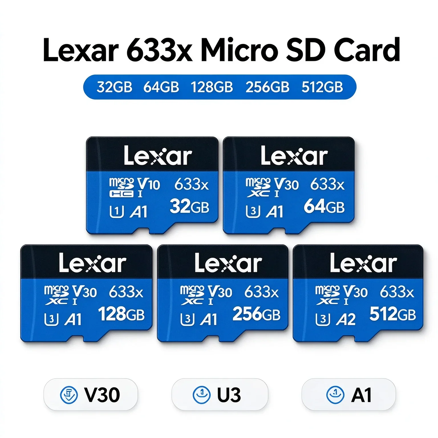 V30 U3 A1 Lexar 633x Micro SD Card 256GB TF Memory Card Read Speed 100MB/s MicroSDHC MicroSDXC For 4K Video Recording