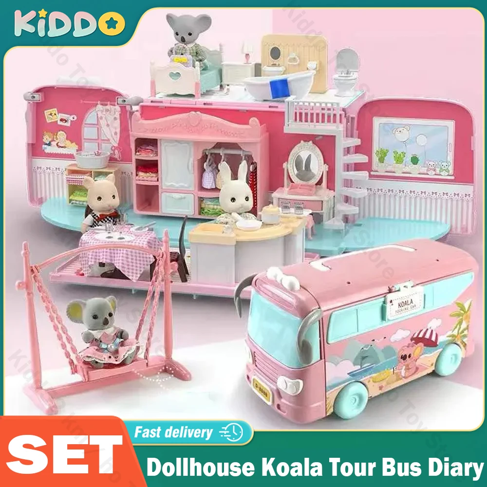 Dollhouse Koala Tour Bus Diary Girl Play House Toy Diy Bedroom Dresser Dining Kitchen Bathroom Shop Pretend Family Toys Girls