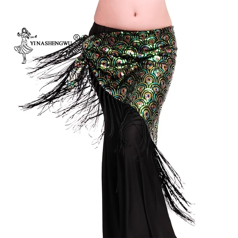 4 cores feminino dança do ventre traje acessórios cinto hip cachecol lantejoulas borla adulto dança do ventre longo quadril cachecol cintura envoltório saia nova