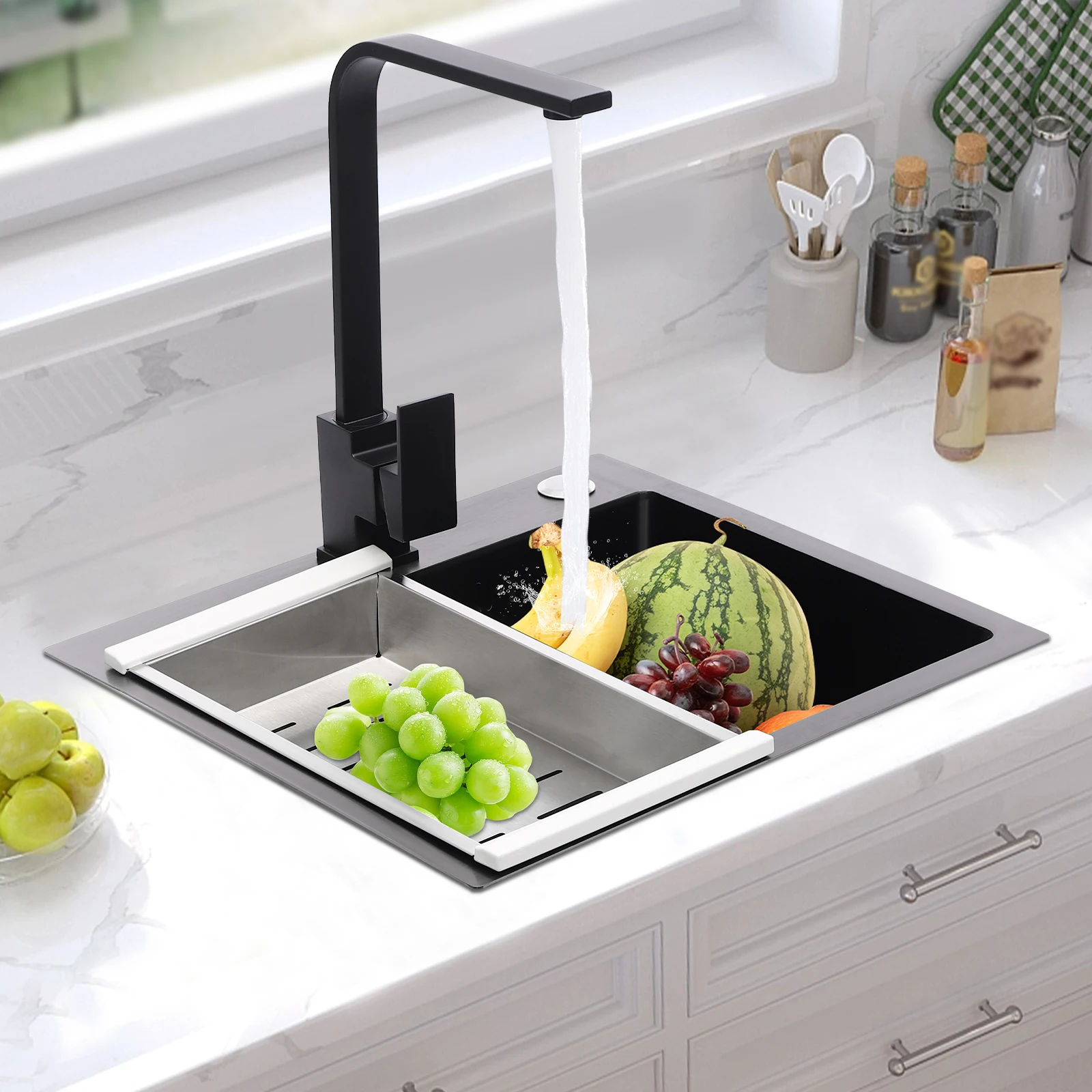 Kitchen Sink Set (45*40cm) - Stainless Steel Sink with Draining Rack, Drainer, Soap Dispenser - Single-Bowl Kitchen Sink