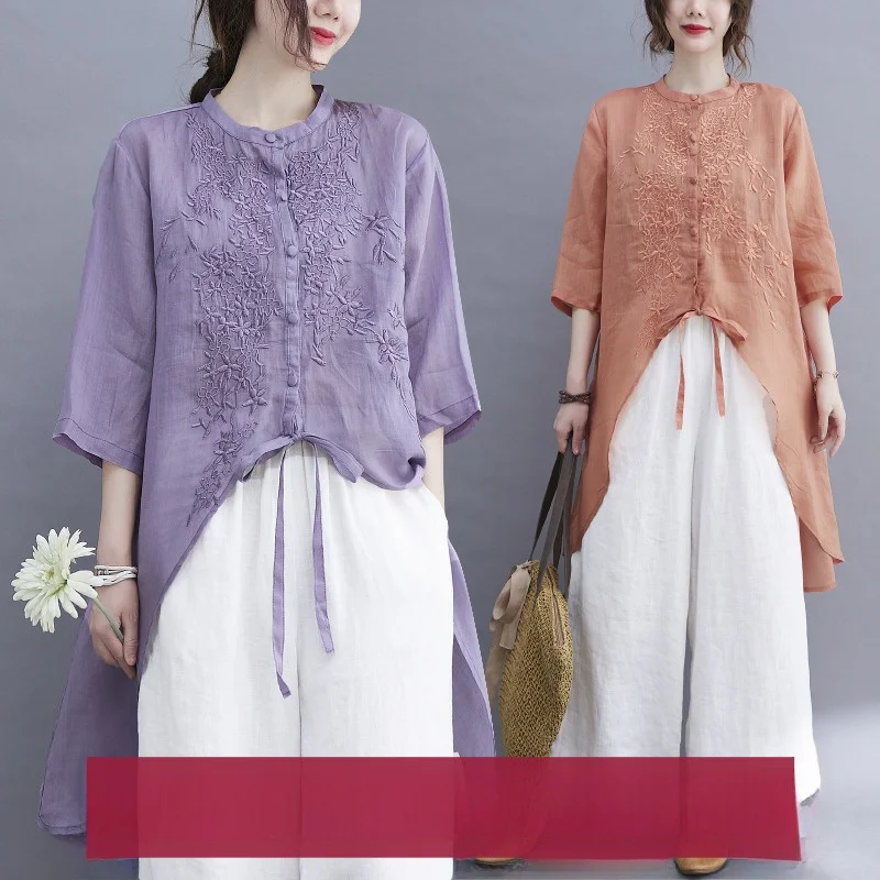 

Летний оригинальный чистый льняной вышитый воротник-стойка, большой размер, художественный миди, неровный топ, женский хлопковый льняной топ