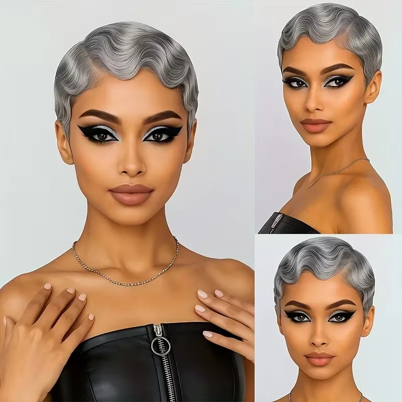 4 Inch Curly Pixie Wigs Human Hair 100% Shanghai Style Natural Realistic Tangle Free Full Machine Made For Women Silver Gray