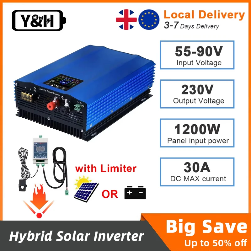 Y&H 1200W MPPT Grid Tie Inverter with Limiter Pure Sine Wave Solar Inverter Battery Discharge Mode for Solar Panel Optional WiFi