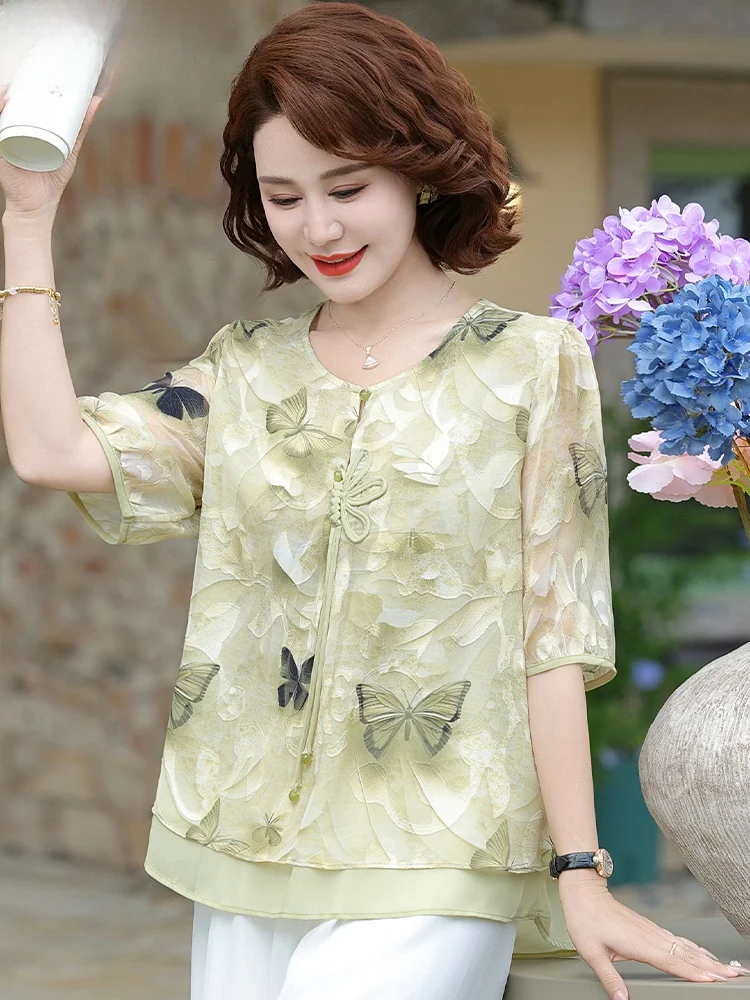 Ele Chinese Sle Mom Summer Outfit Chiffon Blouse ort Sve Set for Middle-aged Women Sli Top And Bot Ensemble