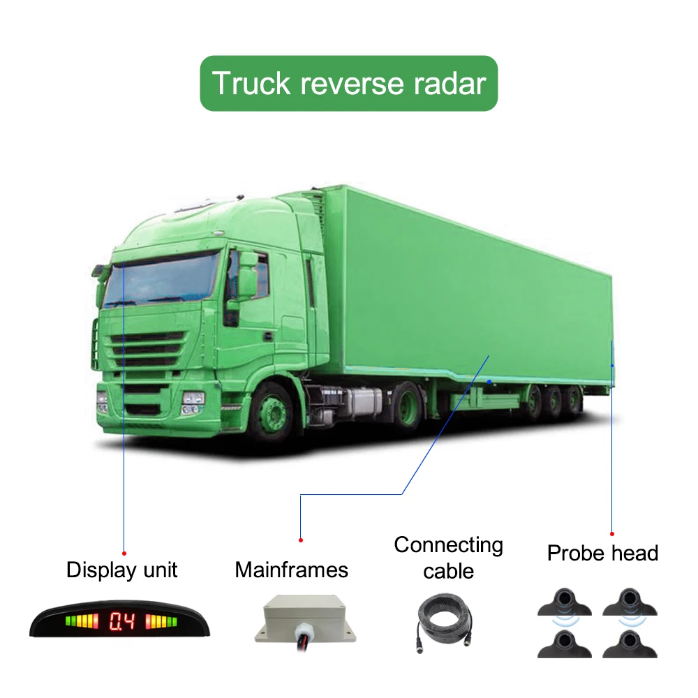 12V~24V Truck Reverse Radar System 4 Waterproof Parking Sensors 10m Air Line Monitor Type Sound Alert Indicator Parking Assist