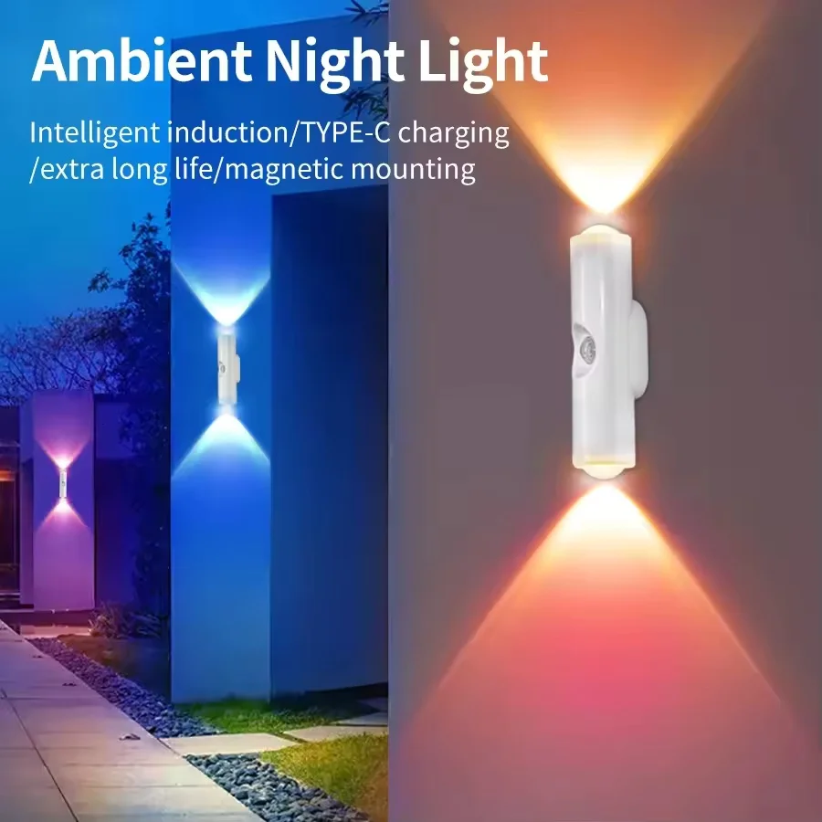 Double-Head LED Night Light with Motion Sensor RGB Rechargeable Magnetic Wall Lamp Mood Ambient Light for Cabinet Hallway Stair