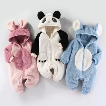 Baby Rompers Autumn Winter Thick Warm Long Sleeve Fleece Bodysuit for Newborn Girls Hooded Cartoon Infant Boy Clothing Romper